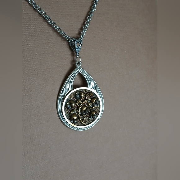 Antique Cut Steel Rivet Picture Button Necklace, Oxidized Silver, Victorian Boho - Picture 2 of 2